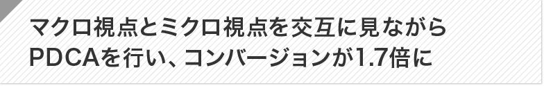 ポイント：マクロ視点とミクロ視点を交互に見ながらPDCAを行い、コンバージョンが1.7倍に