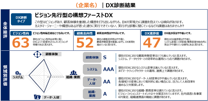 DX診断の結果は、8種類の「タイプ」や、各指標のレーダーチャートなどで、分かりやすく表示される。