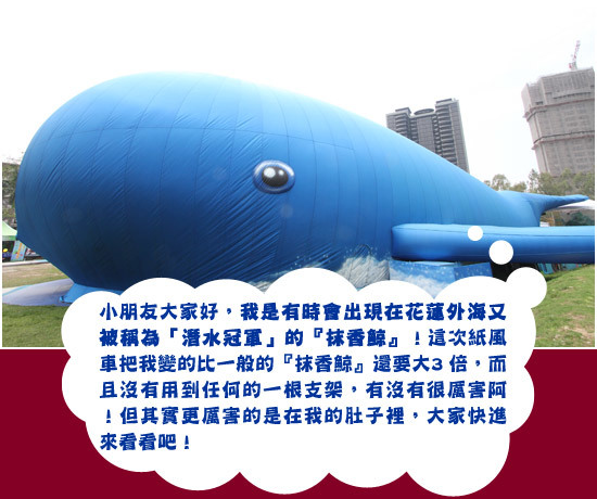 <写真中国語の日本語訳> ちびっ子たち、こんにちは。 私はときどき花蓮の海辺に現れる「潜水チャンピオン」のマッコウクジラです! 今回は紙風車が私を普通のマッコウクジラより3倍大きいサイズにしてくれまし た。こんなに大きいのに、支えるものはひとつもないんですよ。すごいでしょ! でも、もっとすごいことは、私のおなかの中にあります。みなさん、早く入って みてね。